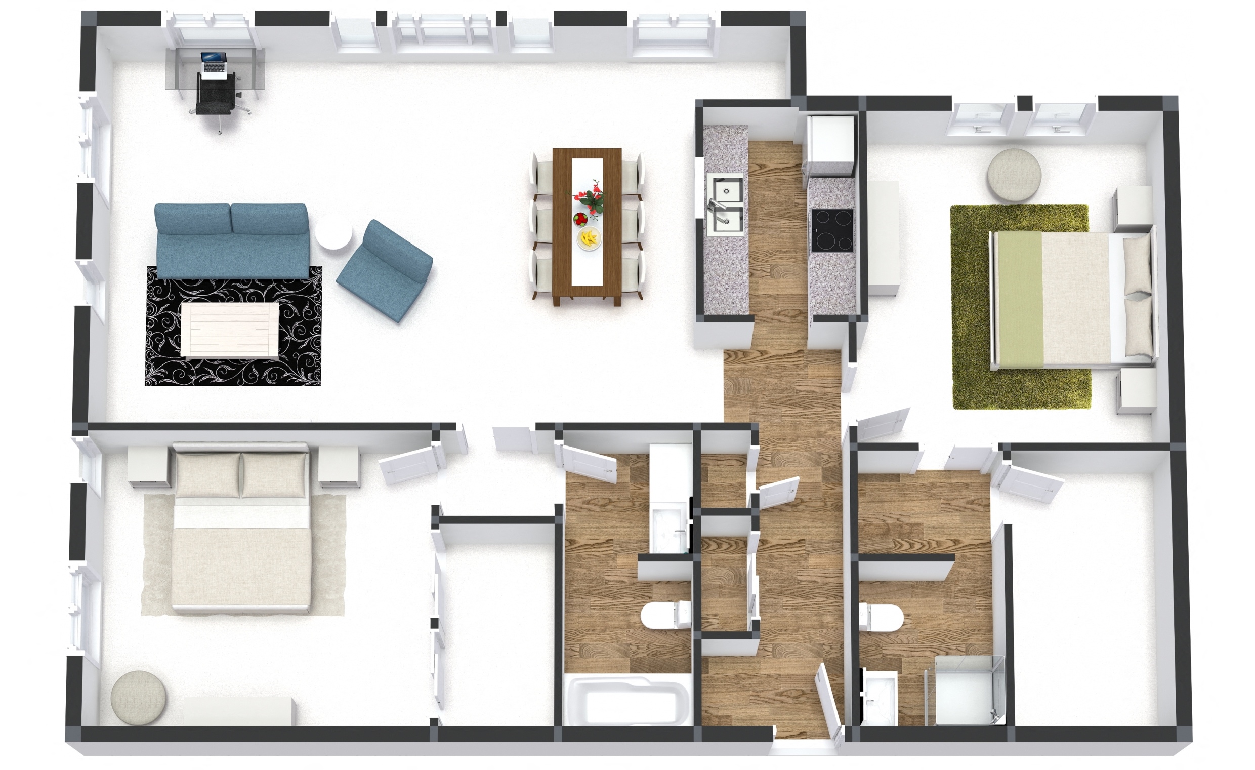 Floor plan for 2 beds, 2 baths, 1277 sqft
